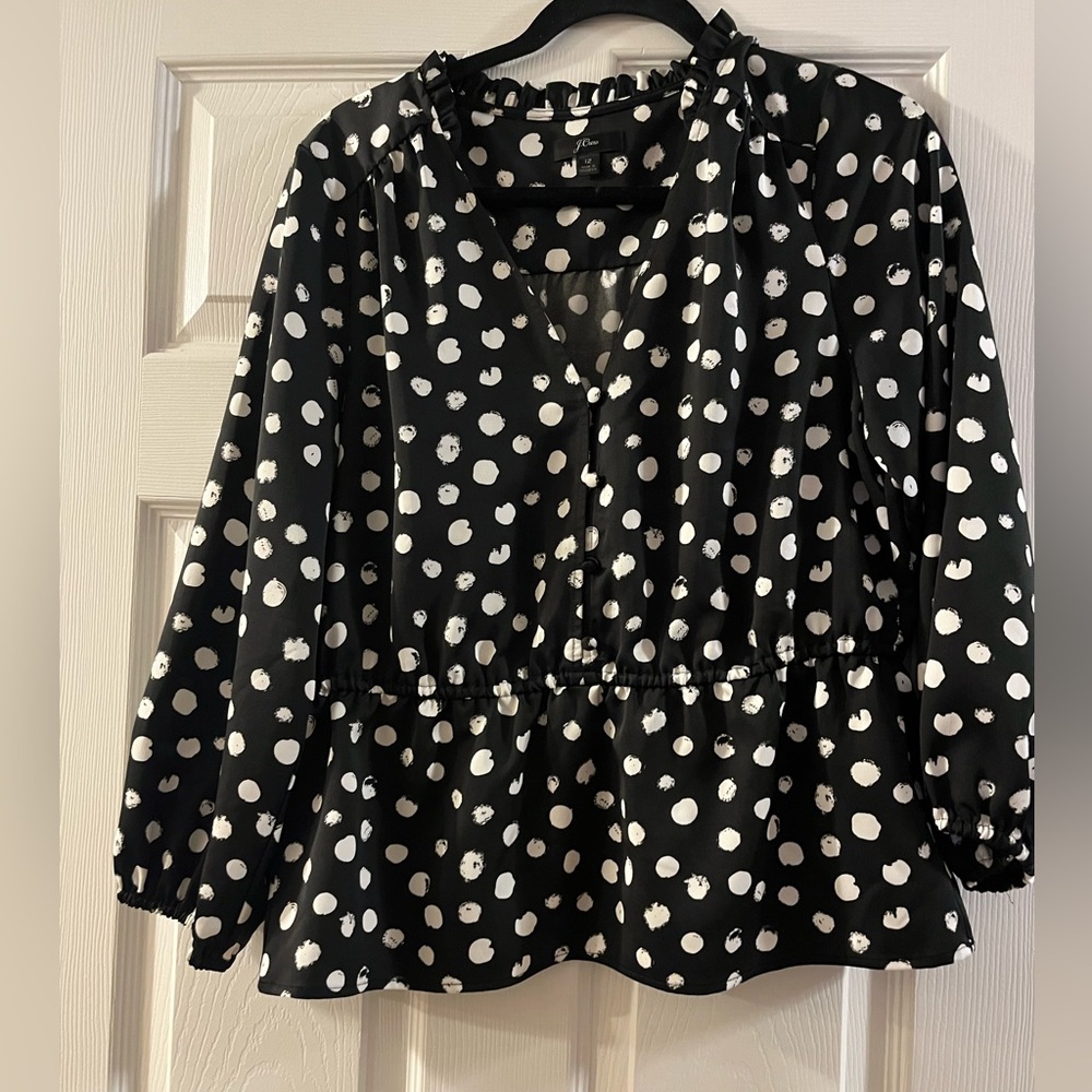 J Crew New Black & White polka dot Peplum Blouse Size 12